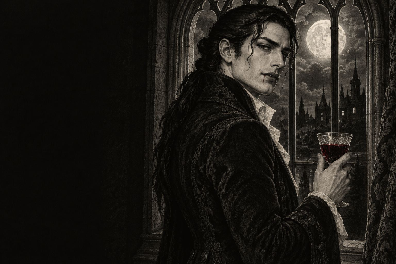 Lucien Aurelle at a moonlit gothic window, a glass of wine in his hand